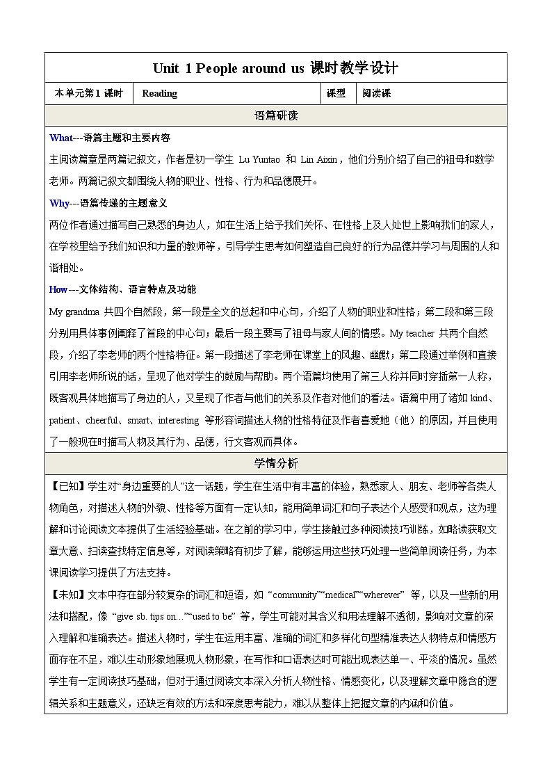 Unit 1 People around us第1课时Reading教学设计第1页
