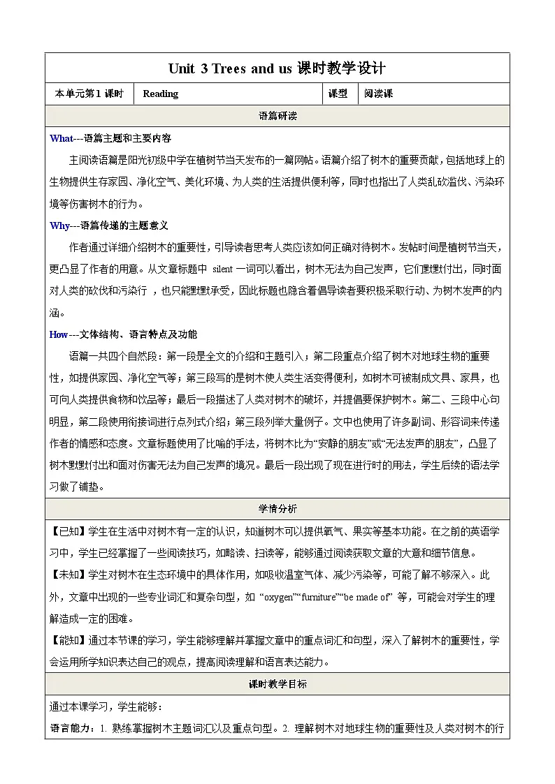Unit 3 Trees and us第1课时Reading教学设计第1页