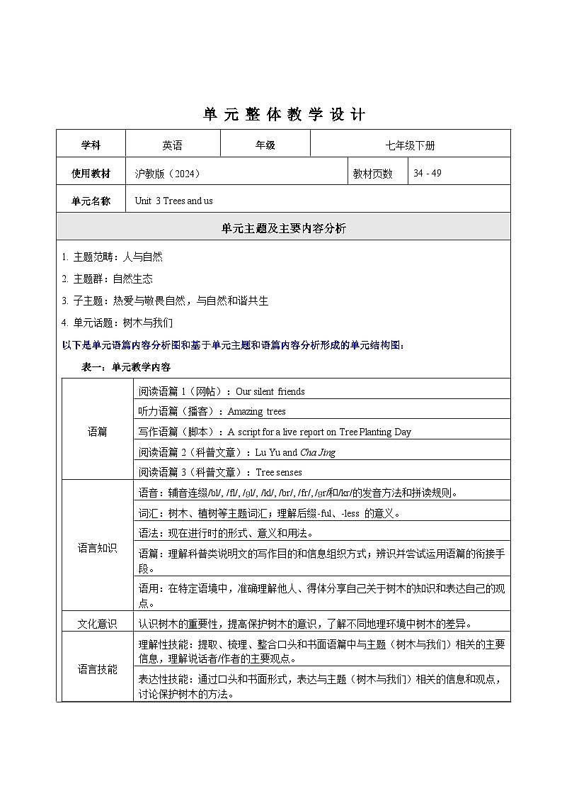 Unit 3 Trees and us 大单元整体教学设计第1页