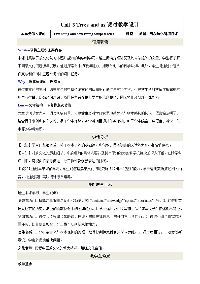 Unit 3 Trees and us第5课时Focus on culture 阅读拓展与跨学科项目课(教学设计)第1页