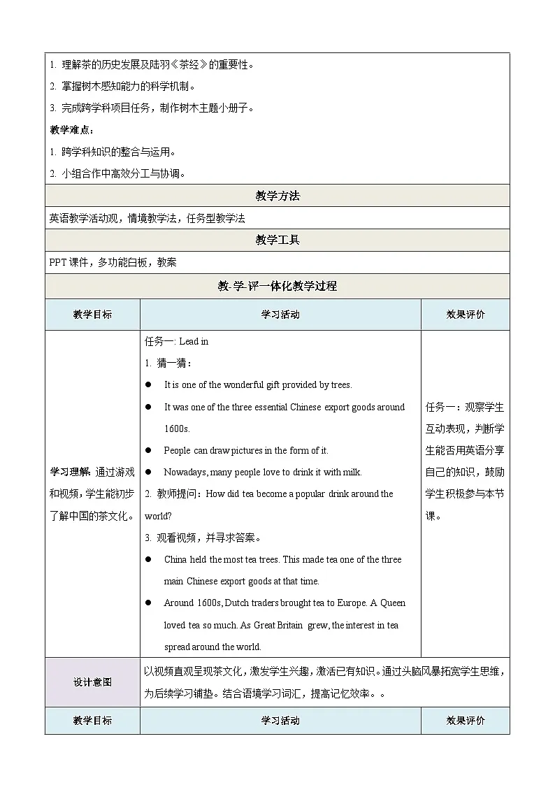 Unit 3 Trees and us第5课时Focus on culture 阅读拓展与跨学科项目课(教学设计)第2页