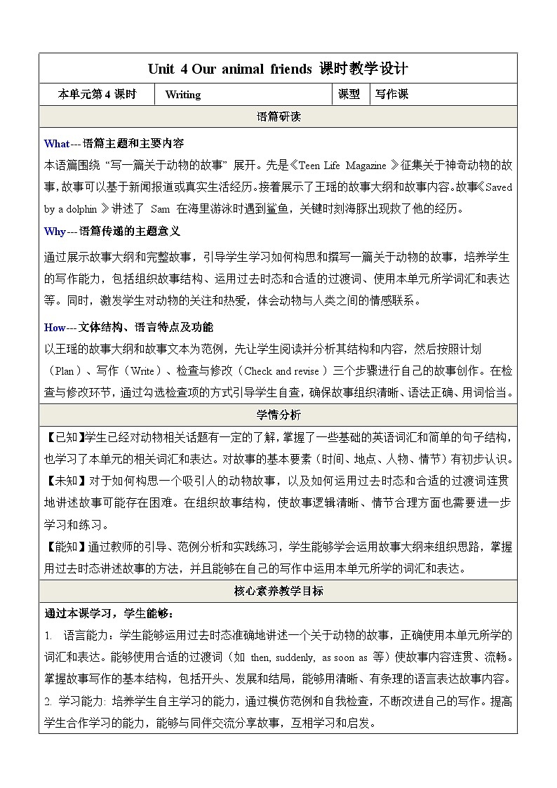 Unit 4 Our animal friends第4课时Writing教学设计第1页
