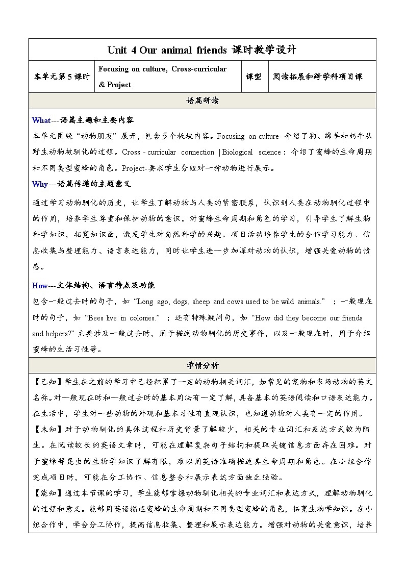 Unit 4 Our animal friends第5课时Focus on culture与跨学科项目课 教学设计第1页