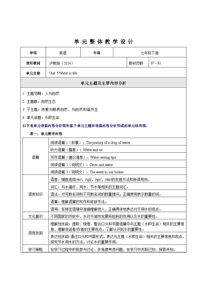 Unit 5 Water is life 大单元整体教学设计第1页