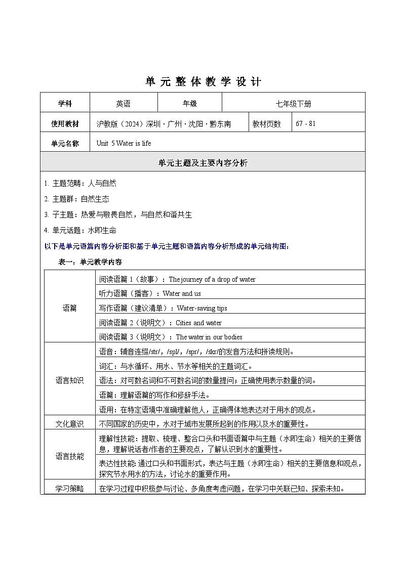 Unit 5 Water is life 大单元整体教学设计第1页