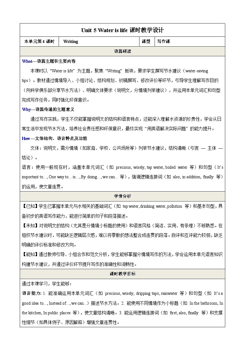 Unit 5 Water is life第4课时Writing教学设计第1页