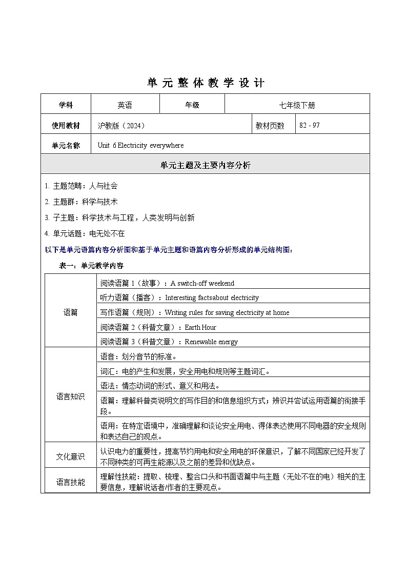 Unit 6 Electricity everywhere 大单元整体教学设计第1页