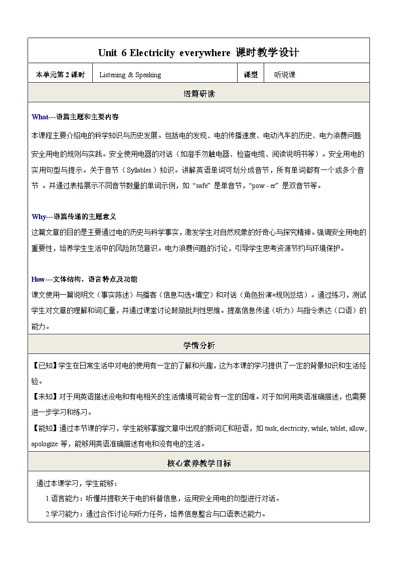 Unit 6 Electricity everywhere第2课时Listening &Speaking 教学设计第1页