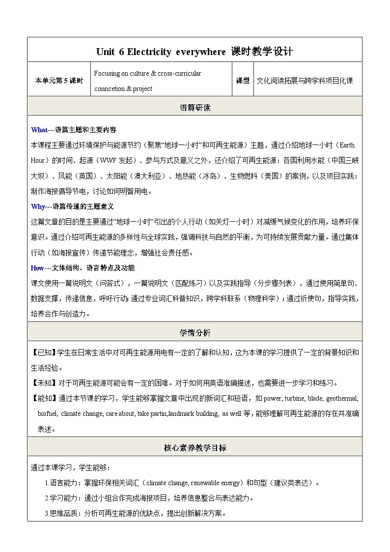 Unit 6 Electricity everywhere第5课时Focusing on culture与跨学科项目化 教学设计第1页