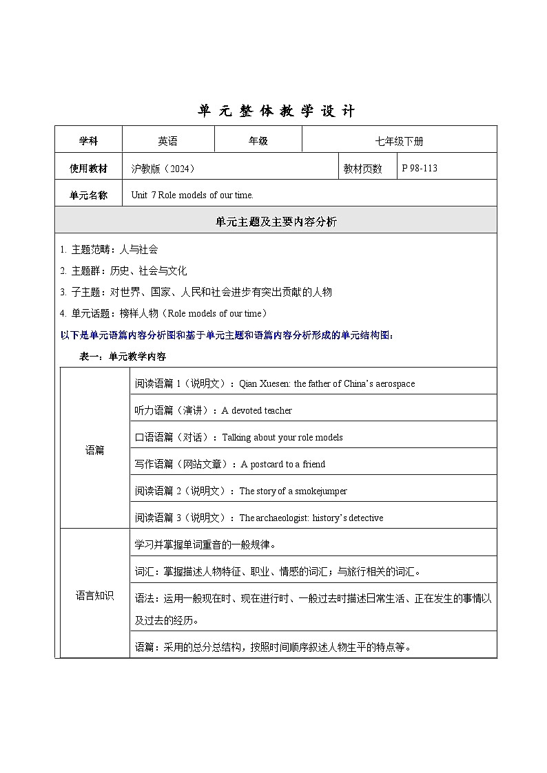 Unit 7 Role models of our time 大单元整体教学设计第1页