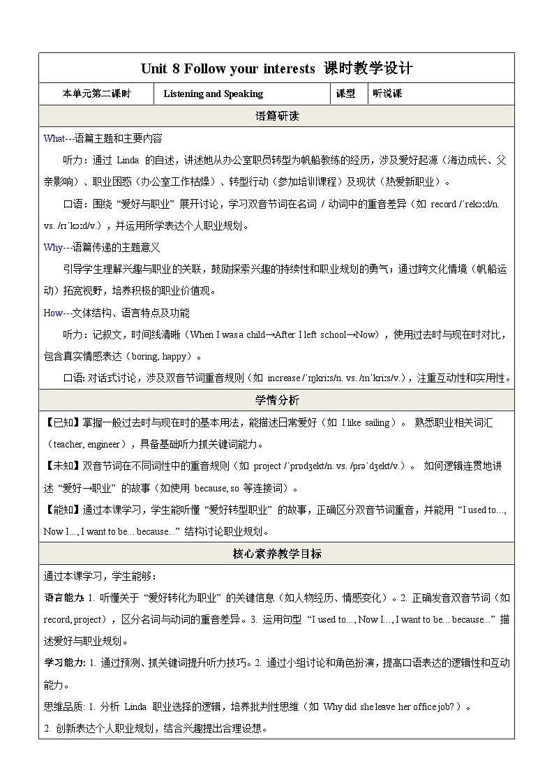 Unit 8 Follow your interests第2课时Listening& Speaking教学设计第1页