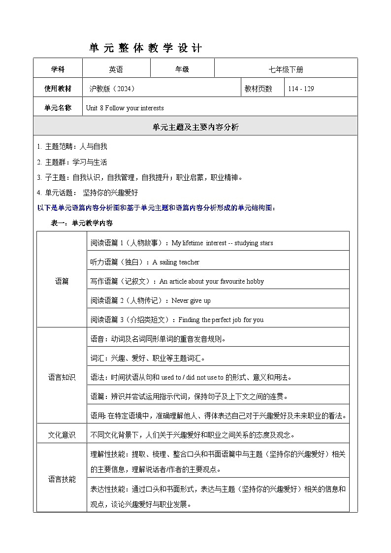 Unit 8 Follow your interests 大单元整体教学设计第1页