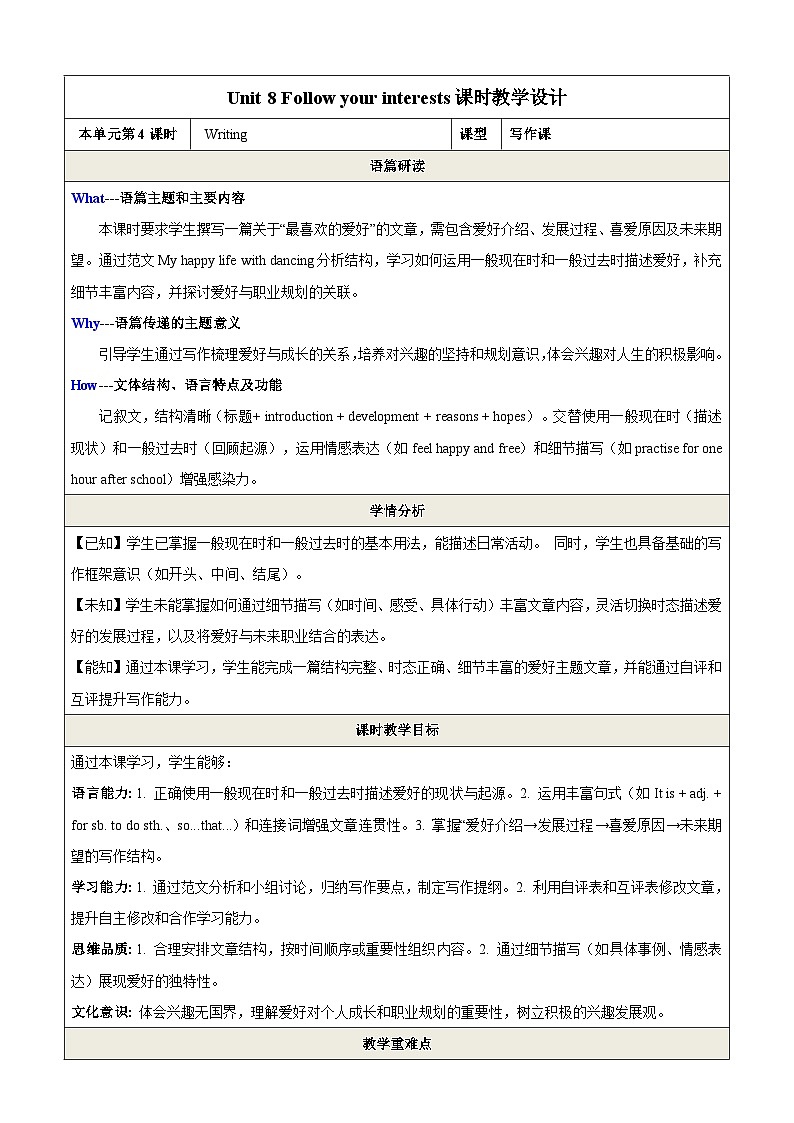 Unit 8 Follow your interests第4课时Writing教学设计第1页