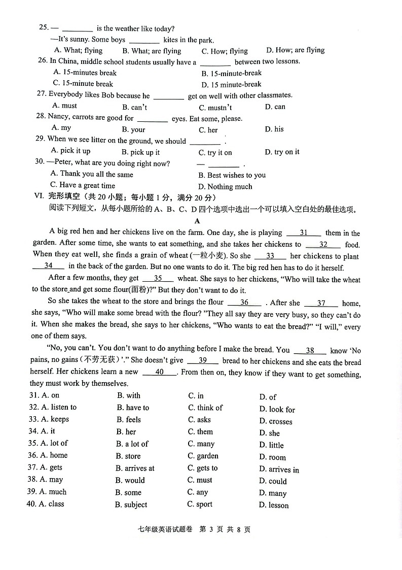 【7英RJ期末】芜湖市无为市2024-2025学年七年级下学期6月期末考试英语试卷第3页