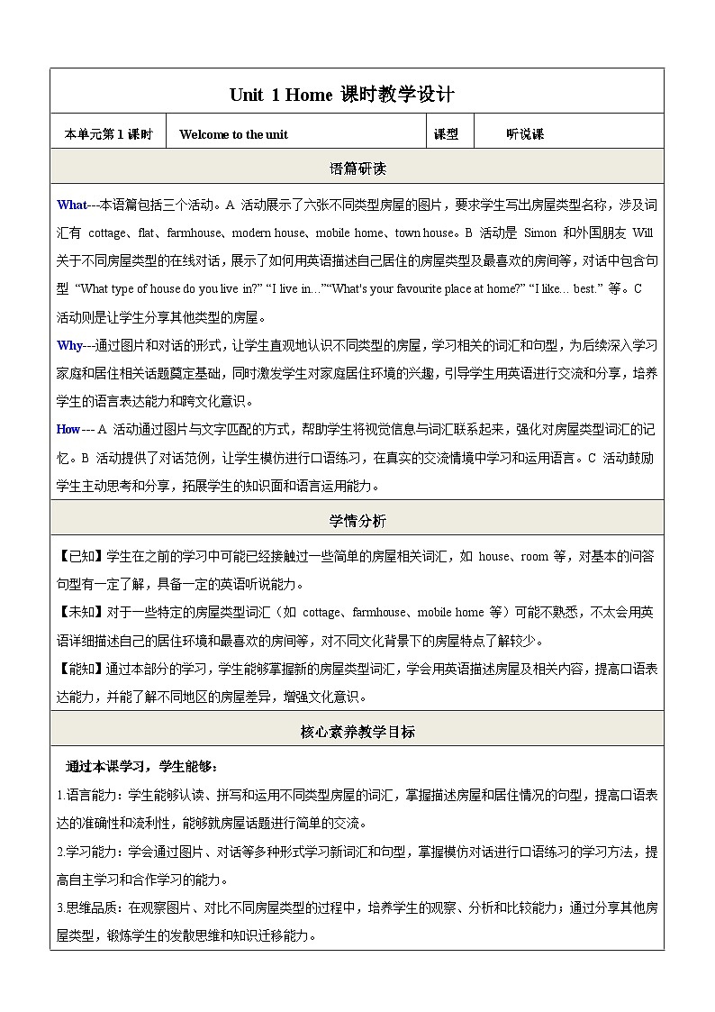 新译林版英语七下Unit 1 第1课时Welcome to the unit 表格式教学设计第1页