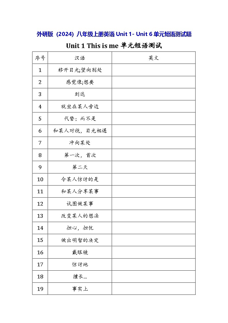外研版（2024）八年级上册英语Unit 1- Unit 6单元短语测试题（含答案）第1页
