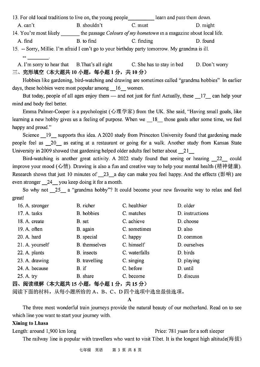 天津市河西区2024-2025学年七年级英语下期末试卷第3页