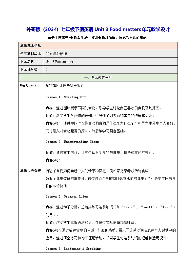 外研版（2024）七年级下册英语Unit 3 Food matters 单元教学设计第1页