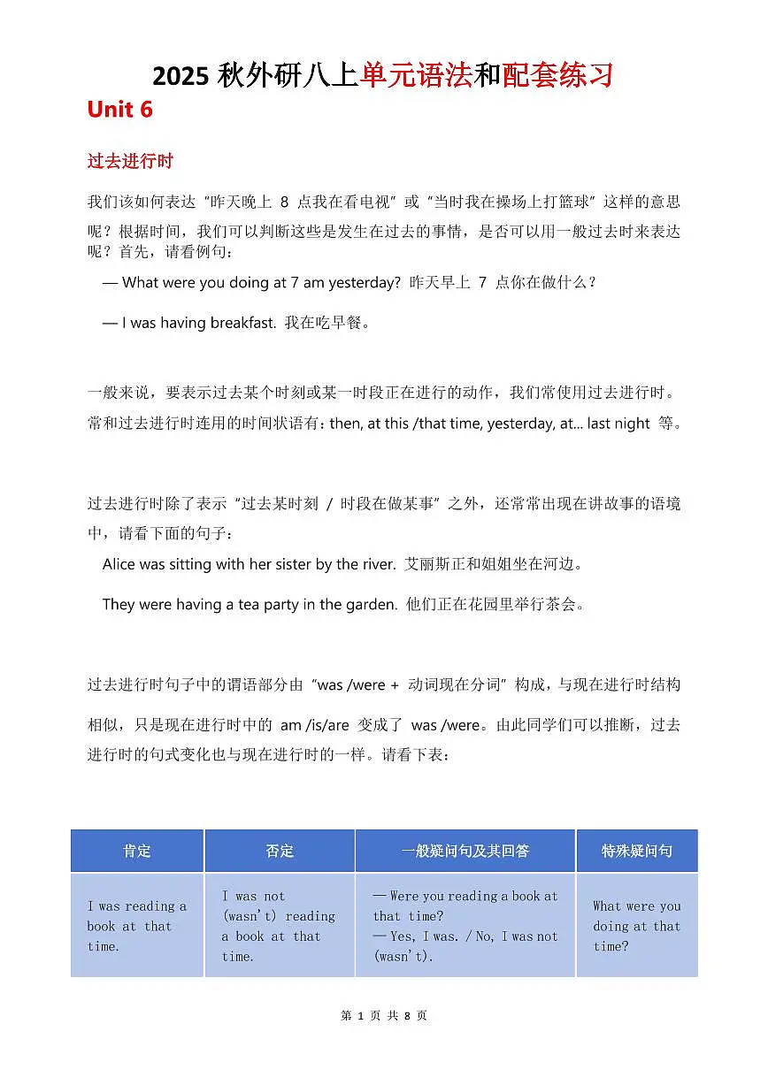 2025 外研社 八上英语 单元语法和配套练习 Unit 6（知识点+练习+答案）第1页