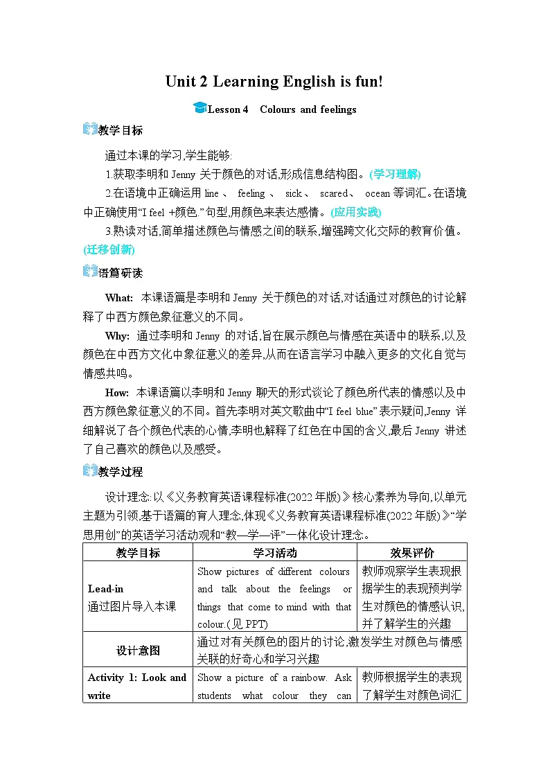 （新课标）冀教版（2024）七年级上册 Unit 2 Learning English is fun! Lesson 4 Colours and feelings 教学设计第1页