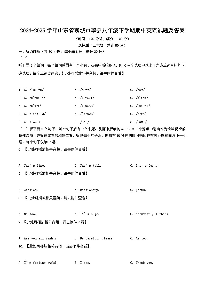 2024-2025学年山东省聊城市莘县八年级下学期期中英语试题及答案第1页