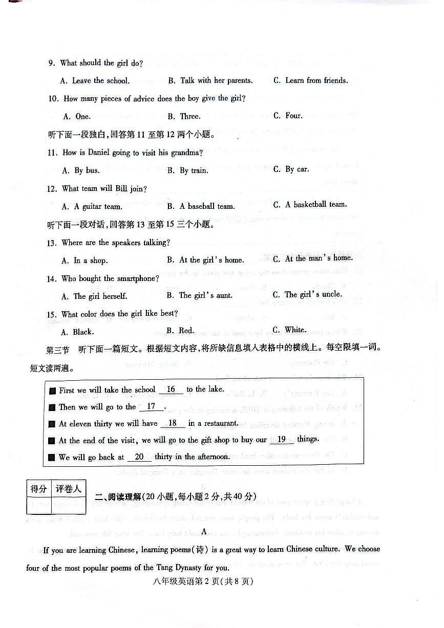 河南省许昌市禹州市2024-2025学年8年级下学期期末英语试题（无答案+听力）第2页