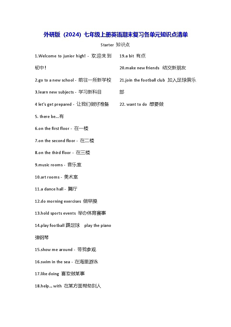 外研版（2024）七年级上册英语期末复习各单元知识点清单 学案第1页