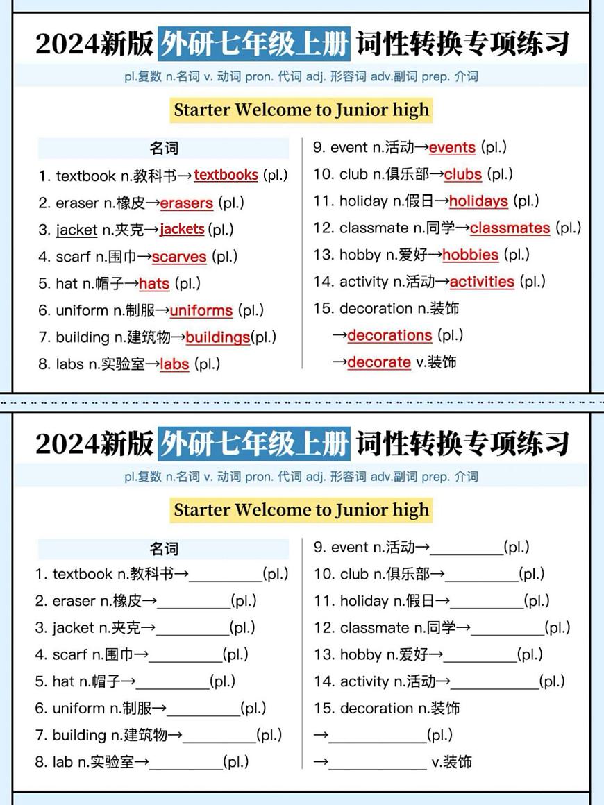 2024版外研版七年级上册期末专项练习英语词性转换练习含答案第1页
