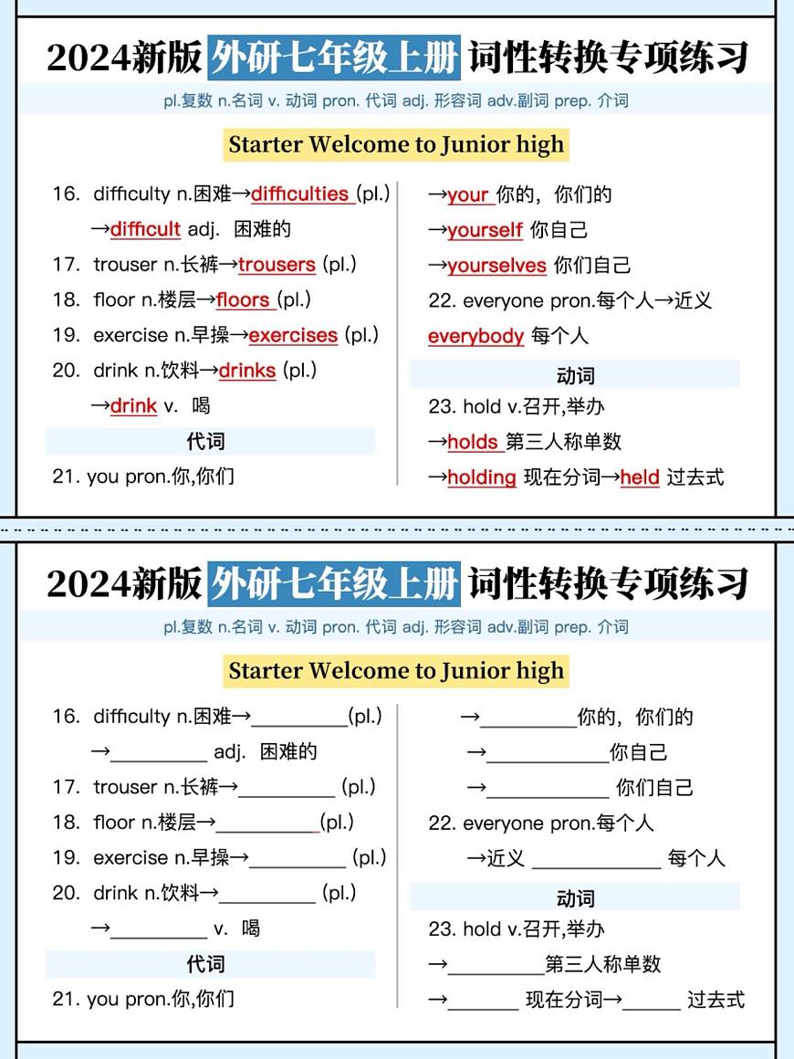2024版外研版七年级上册期末专项练习英语词性转换练习含答案第2页