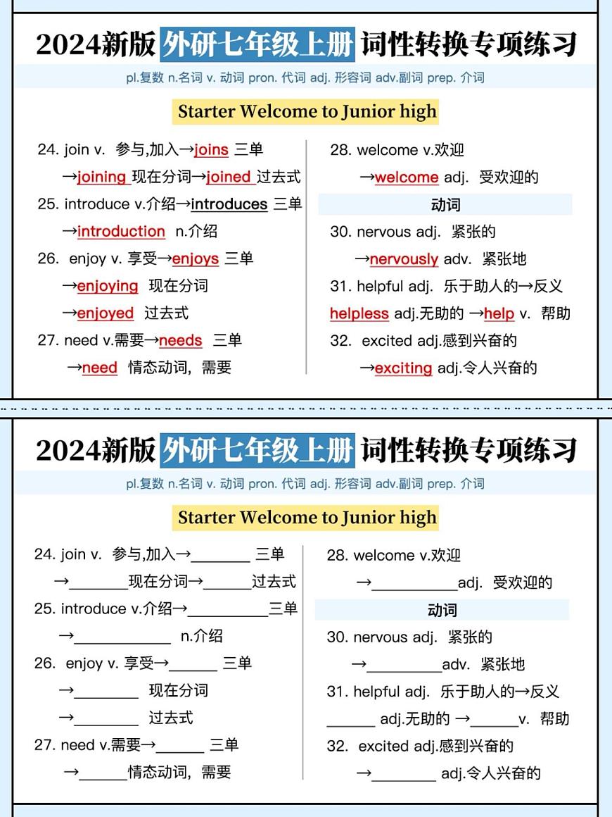 2024版外研版七年级上册期末专项练习英语词性转换练习含答案第3页