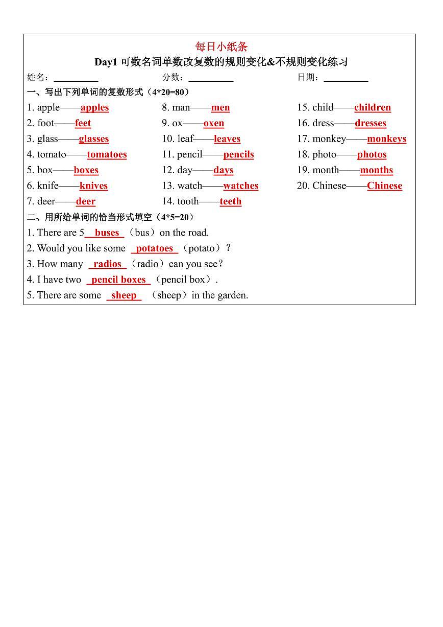 七年级上册英语期末专项练习语法练习小纸条含答案第2页