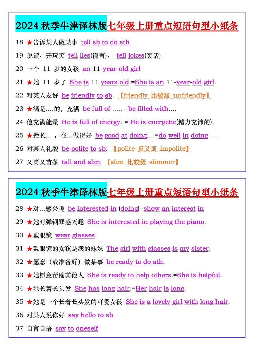 2024版牛津译林版英语七年级上册期末专项练习重点短语句型小纸条练习含答案第2页