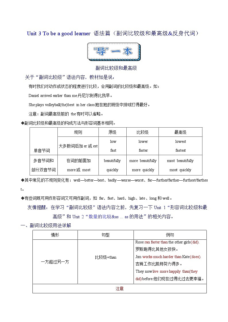 Unit 3 To be a good learner 语法篇（副词比较级和最高级&反身代词）（“导”一本）（解析版）第1页