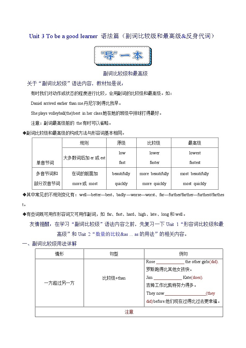 Unit 3 To be a good learner 语法篇（副词比较级和最高级&反身代词）（“导”一本）（原卷版）第1页