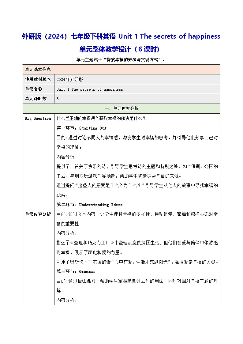 外研版（2024）七年级下册英语Unit 1 The secrets of happiness 单元整体教学设计（表格式，6课时）第1页