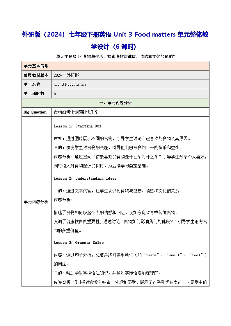 外研版（2024）七年级下册英语Unit 3 Food matters单元整体教学设计（表格式，6课时）第1页