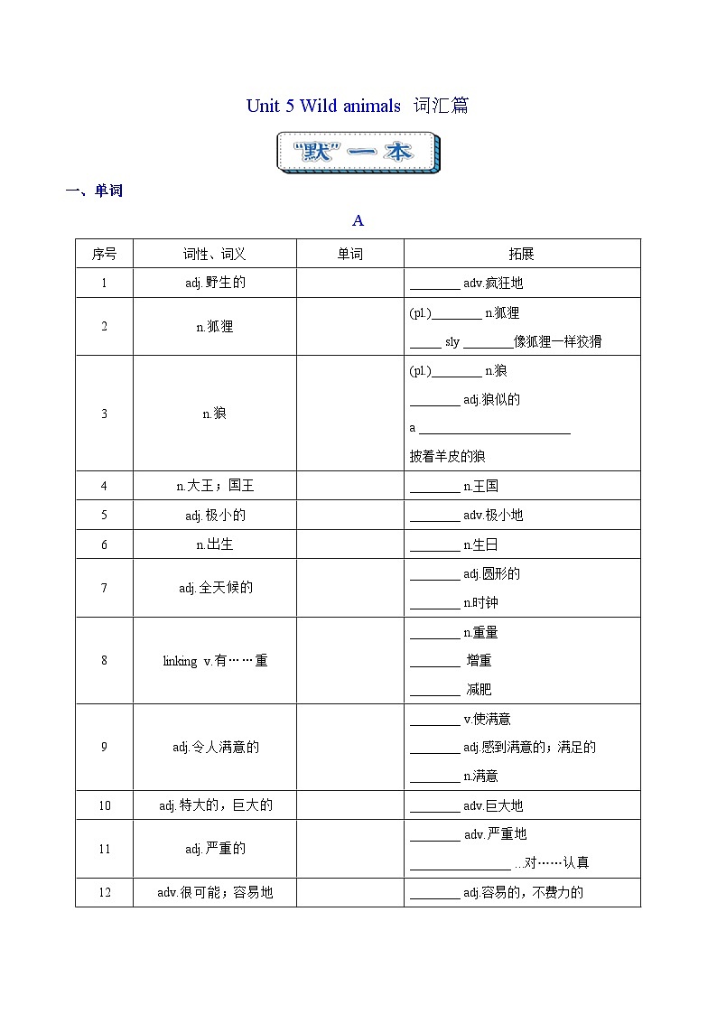 Unit 5 Wild animals  词汇篇（“默”一本）第1页