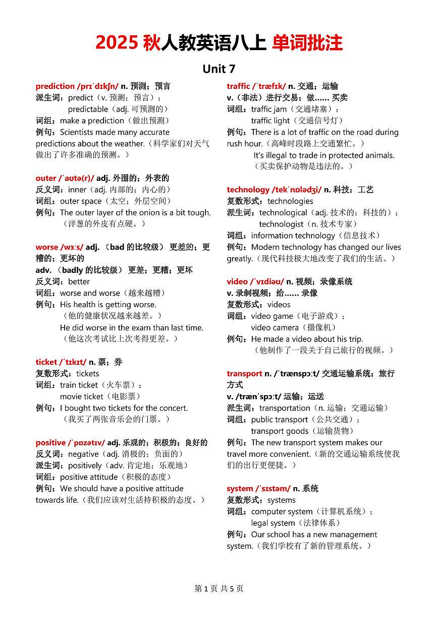 2024版人教版八年级上册英语语法讲义Unit 7单词批注第1页