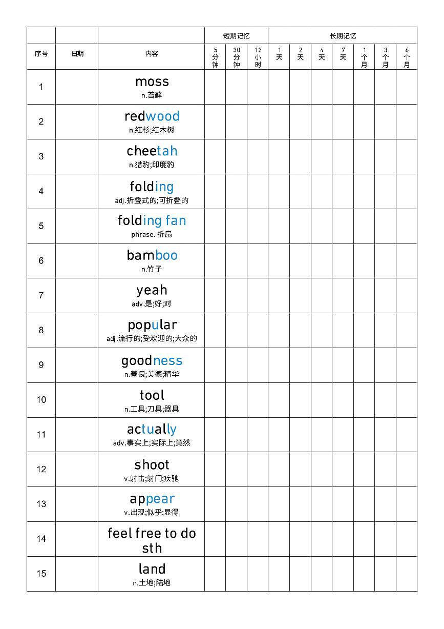 2025秋人教版八年级上册英语U4 艾宾浩斯记忆表 单词默写练习无答案第1页