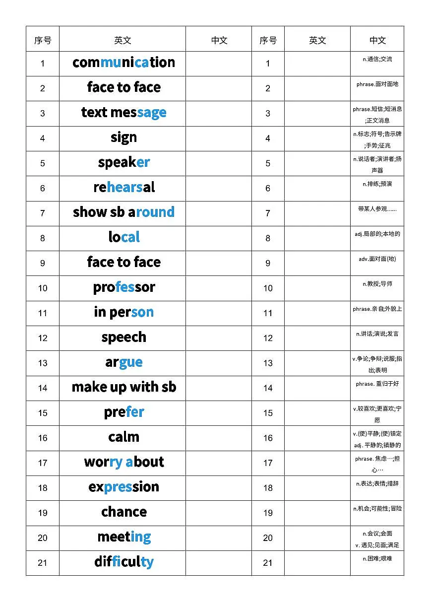 2025秋人教版八年级上册英语U8 中英互译小纸条 单词默写练习无答案第1页