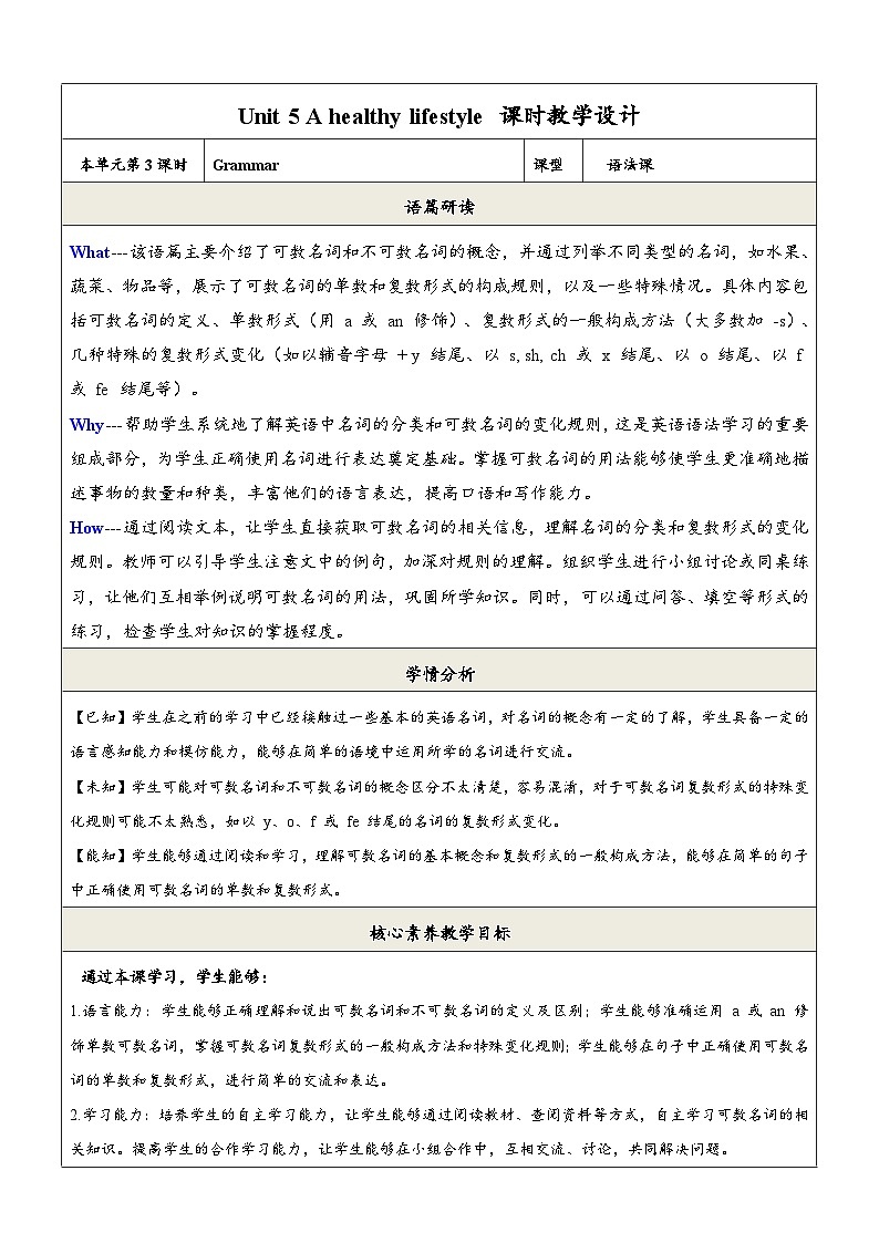 译林版2024版七年级上册英语Unit 5 A healthy lifestyle 第3课时 Grammar 教学设计第1页