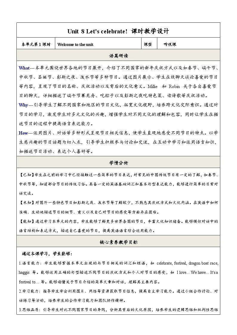 译林版2024版七年级上册英语Unit 8 Let's celebrate! 第1课时 Welcome to the unit教学设计第1页
