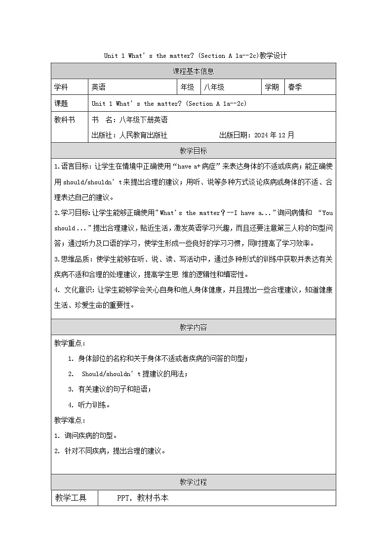 人教版八年级下册英语Unit 1 What’s the matter ？(Section A 1a--2c)教学设计第1页