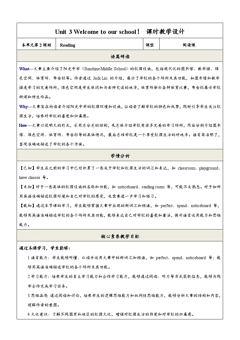 译林版2024版七年级上册英语Unit 3 Welcome to our school.（第2课时）Reading. 教学设计第1页