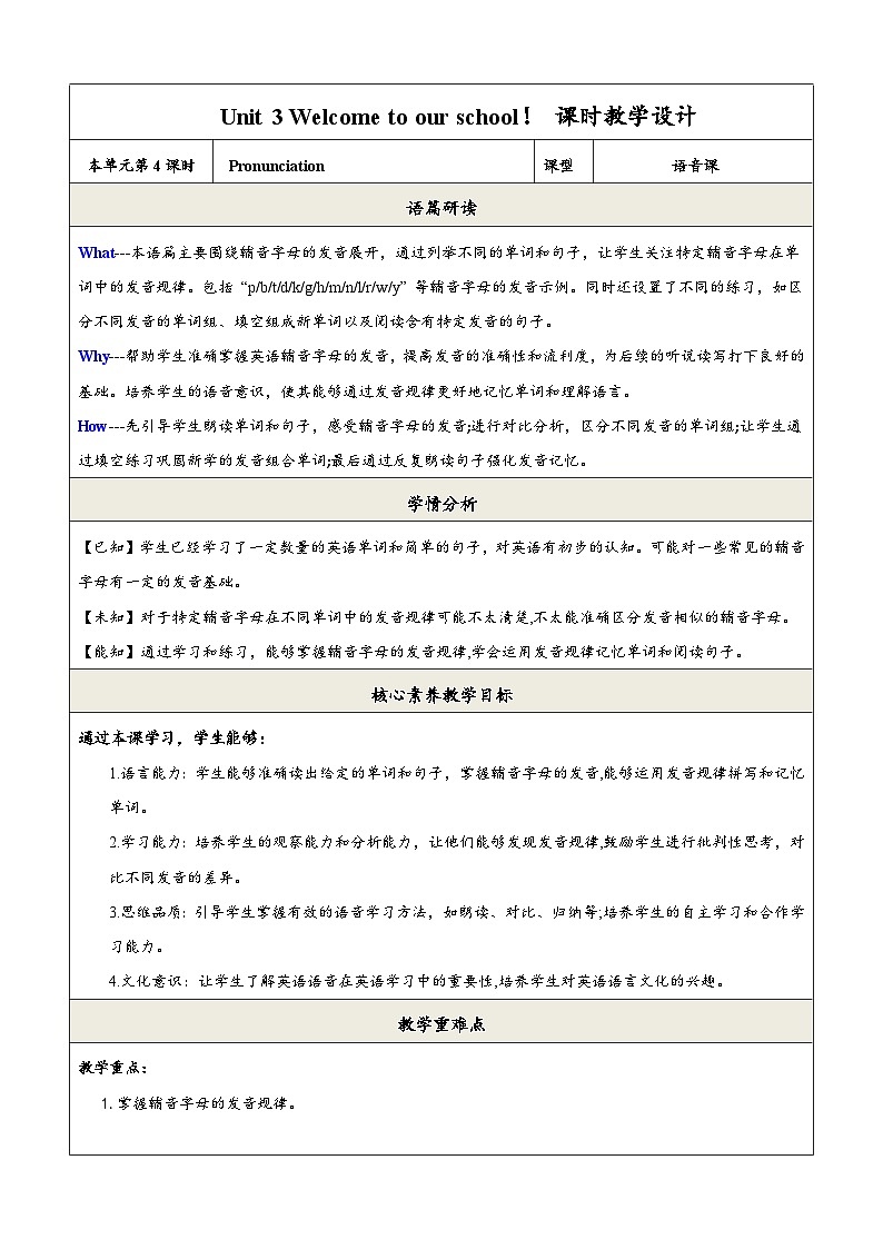 译林版2024版七年级上册英语Unit 3 Welcome to our school（第4课时）Pronunciation 教学设计第1页