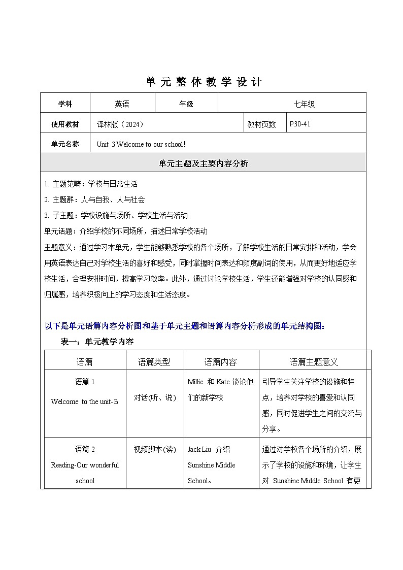 译林版2024版七年级上册英语Unit3 Welcome to our school.大单元整体教学分析第1页