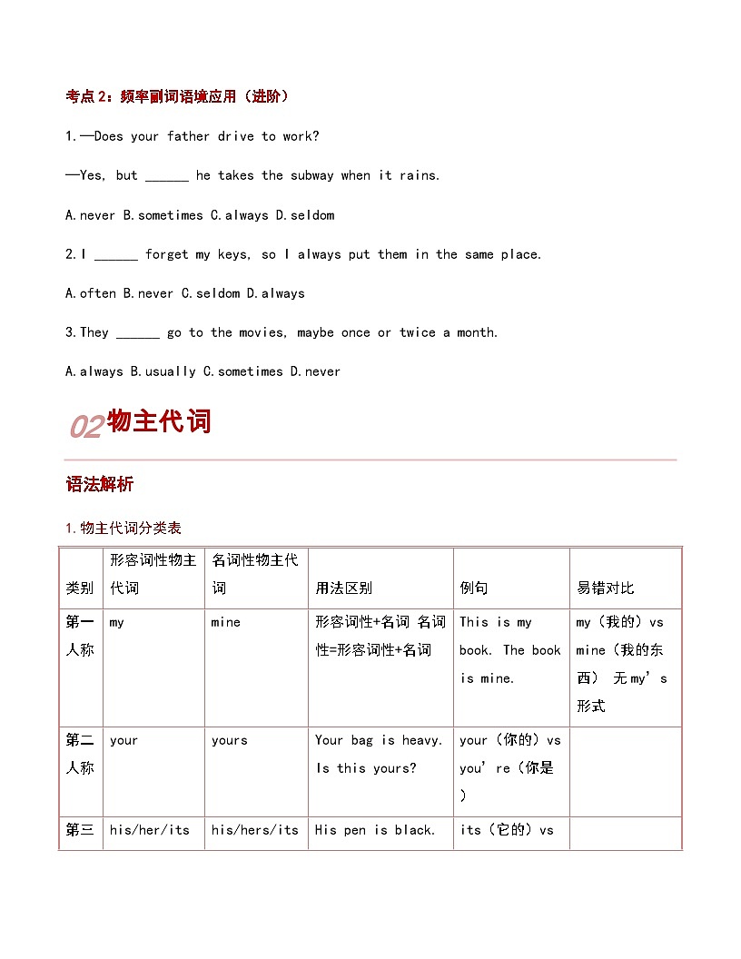 第03讲 频率副词与物主代词（原卷版）【暑假自学课】2025年新八年级人教版（2024）英语 第3页