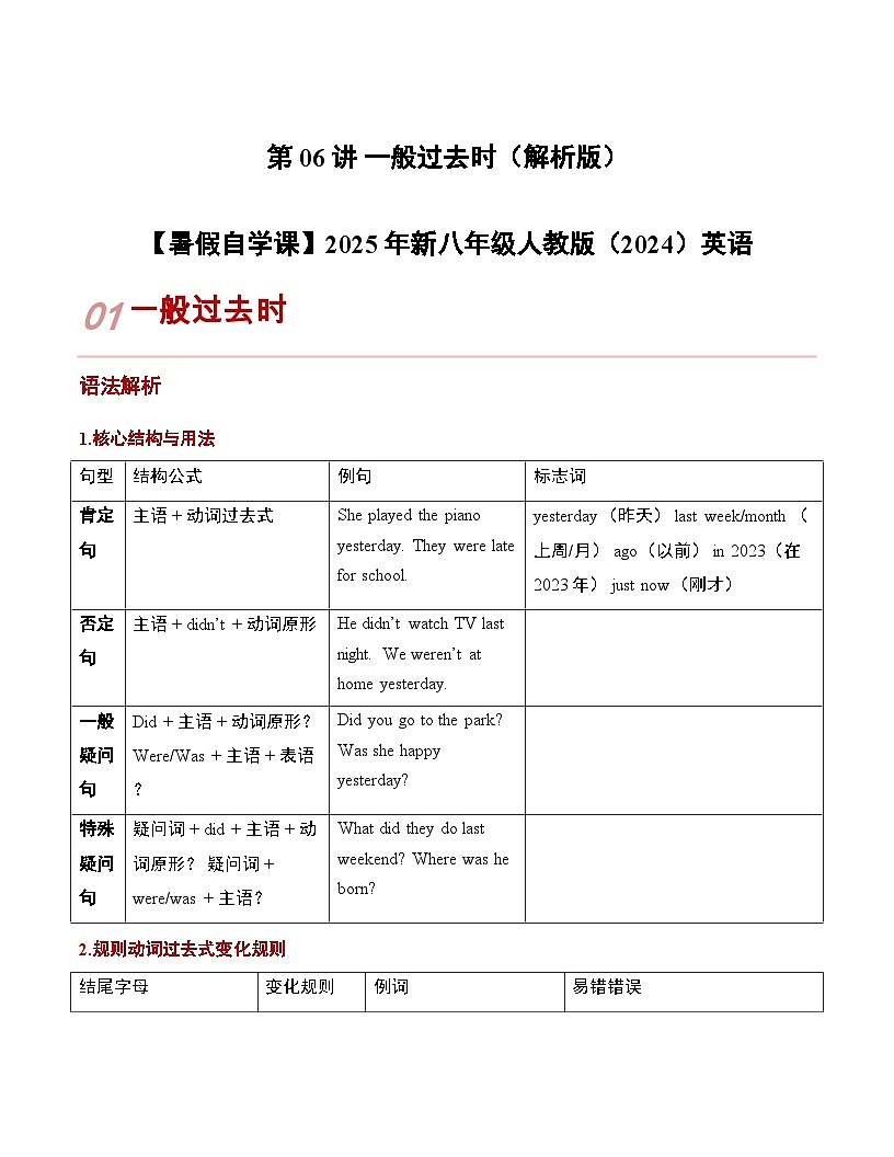 第06讲 一般过去时（原卷版）【暑假自学课】2025年新八年级人教版（2024）英语 第1页