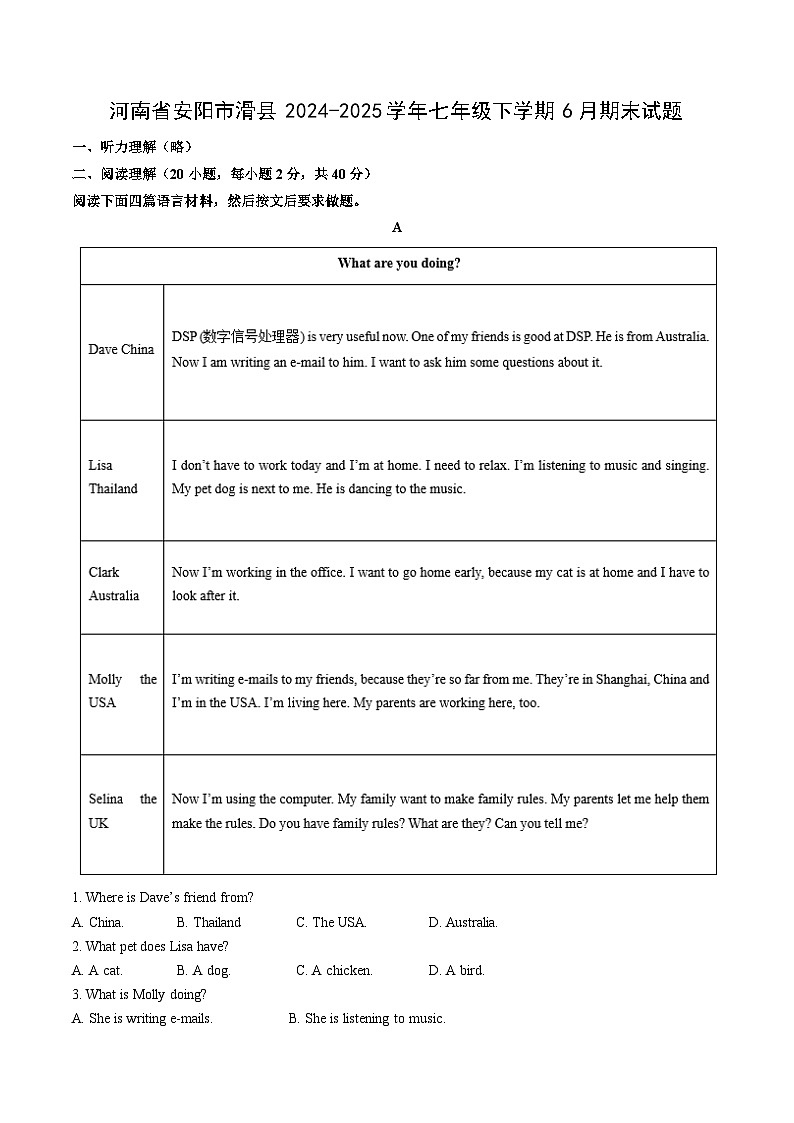 河南省安阳市滑县2024-2025学年七年级下学期下6月期末真题英语试卷（解析版）第1页