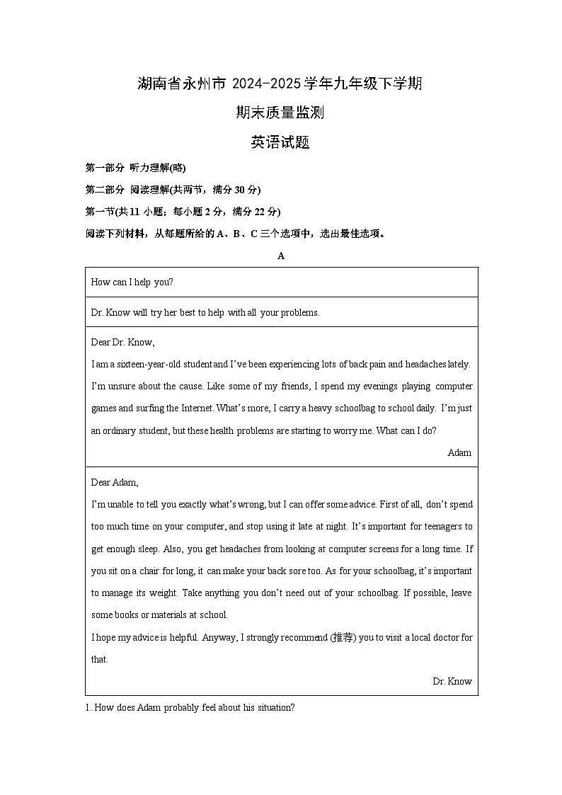 【英语】湖南省永州市2024-2025学年九年级下学期期末质量监测试题（解析版）第1页